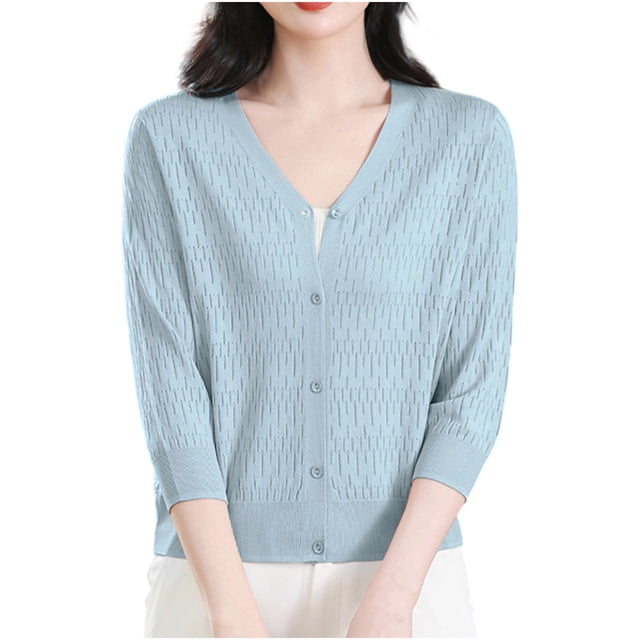 Coats for Women Solid Button Cardigan Neck Three-Quarters Sleeve Knitted