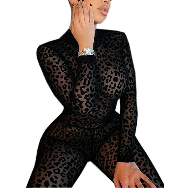 TRKIYQC, mono informal de malla con estampado de leopardo para mujer, mono de cintura alta con cuello redondo para mujer, mono transparente de manga larga de terciopelo ceñido al cuerpo TRKIYQC moderno