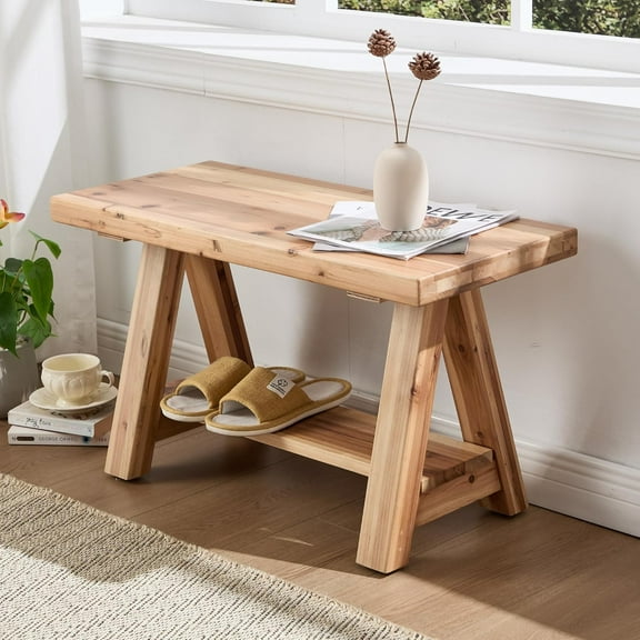 30" Entryway Bench with Storage Farmhouse Narrow Dining Bench Shoe Rack Small Wooden Benches Holds up to 300lbs for Hallway Living Room Dining Room Bedroom,2 Tiers, Natural