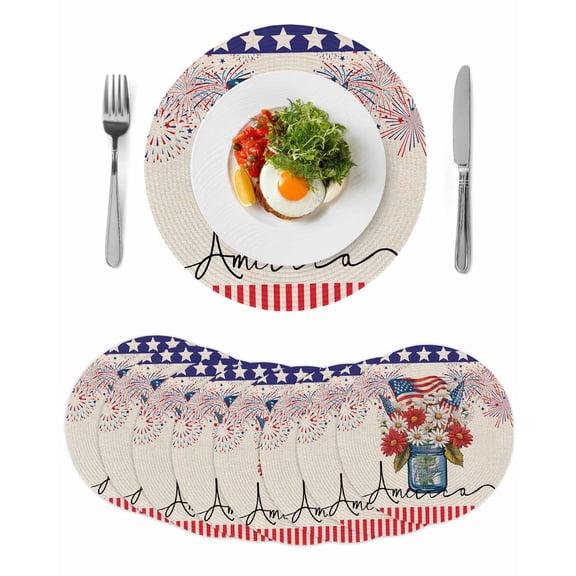 4th of July Round Placemats Set of 8 for Dinning Tables,Heat-proof Braided Table Mats 13 Inch,Independence Day Floral Fireworks Rustic Washable Place Mat for Kitchen Restaurant Party Table Decor