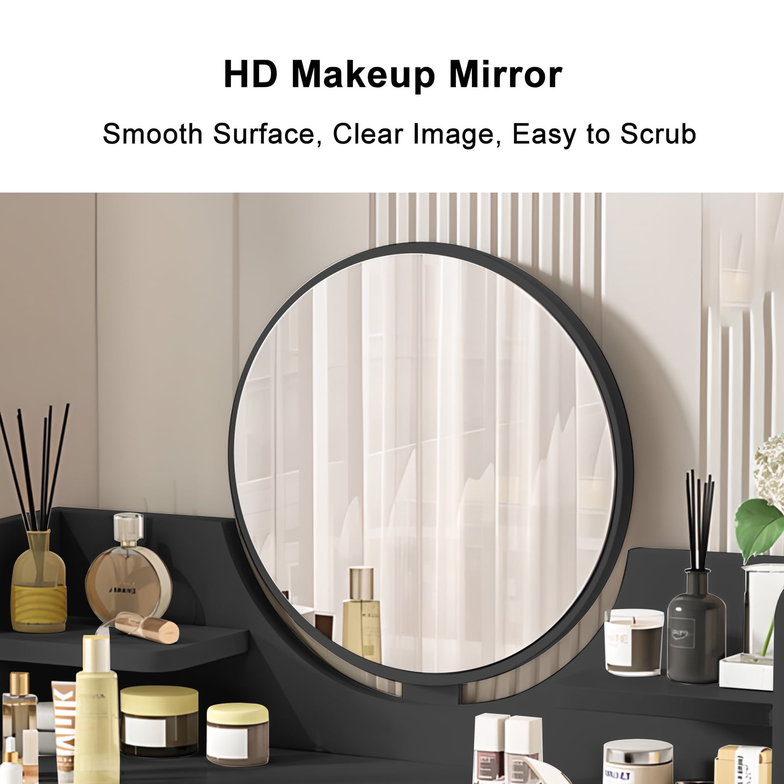 Hurber Vanity Table Set with Mirror, Modern Makeup Vanity Dressing Desk with 2 Drawers & 2 Shelves ,Black (Without Stool)