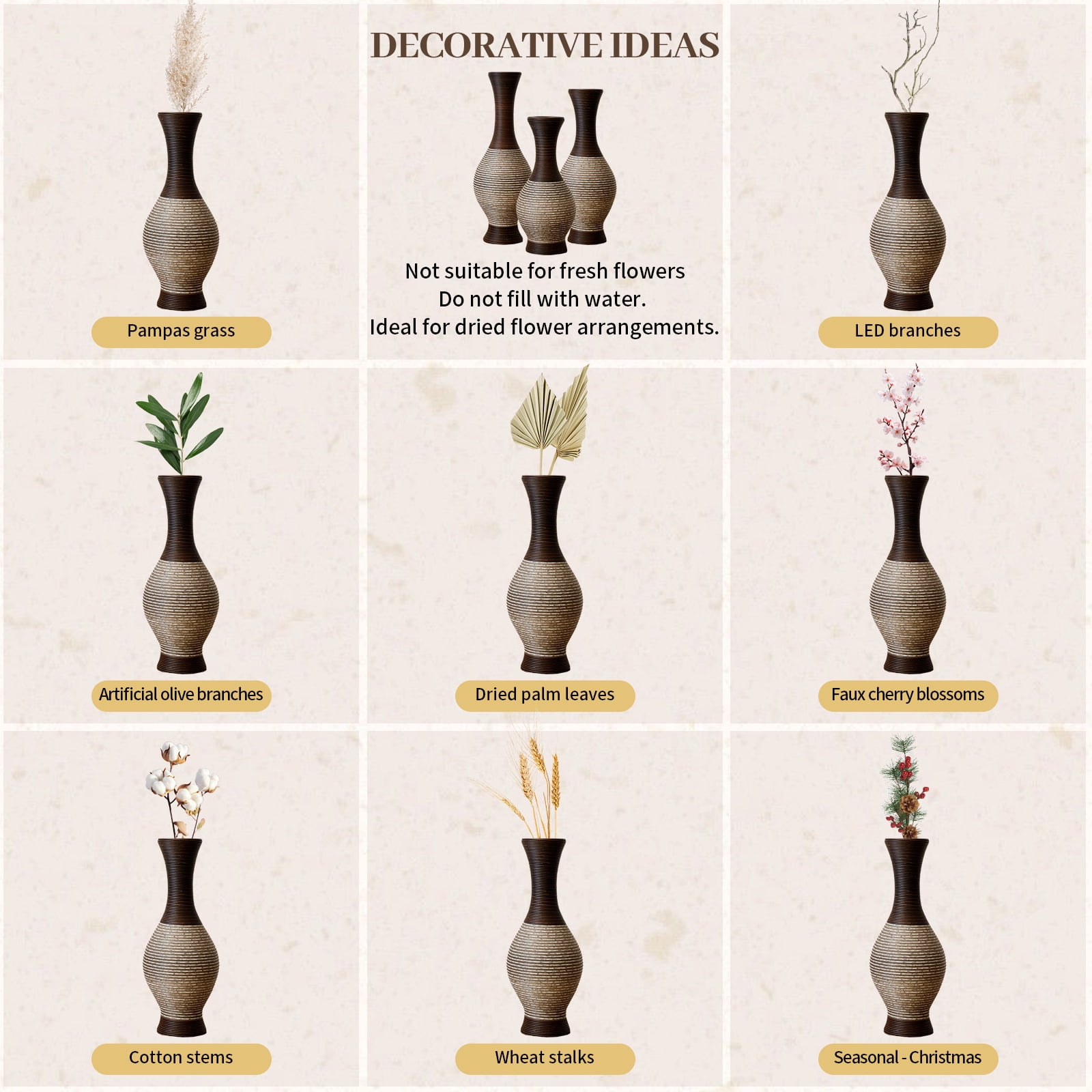 Aukfa Tall Floor Vase Set of 3, Extra Large Metal Decorative Vases for Living Room Dining Room Bedroom,Brown