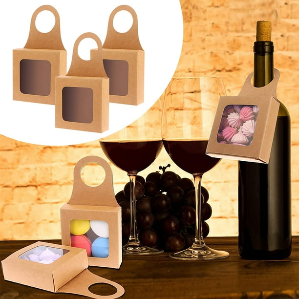 Caja de botella de vino de papel Kraft Caja de regalo de papel Kraft con ventana, cajas de vino decorativas, suministros para fiesta de Navidad, 25 uds.