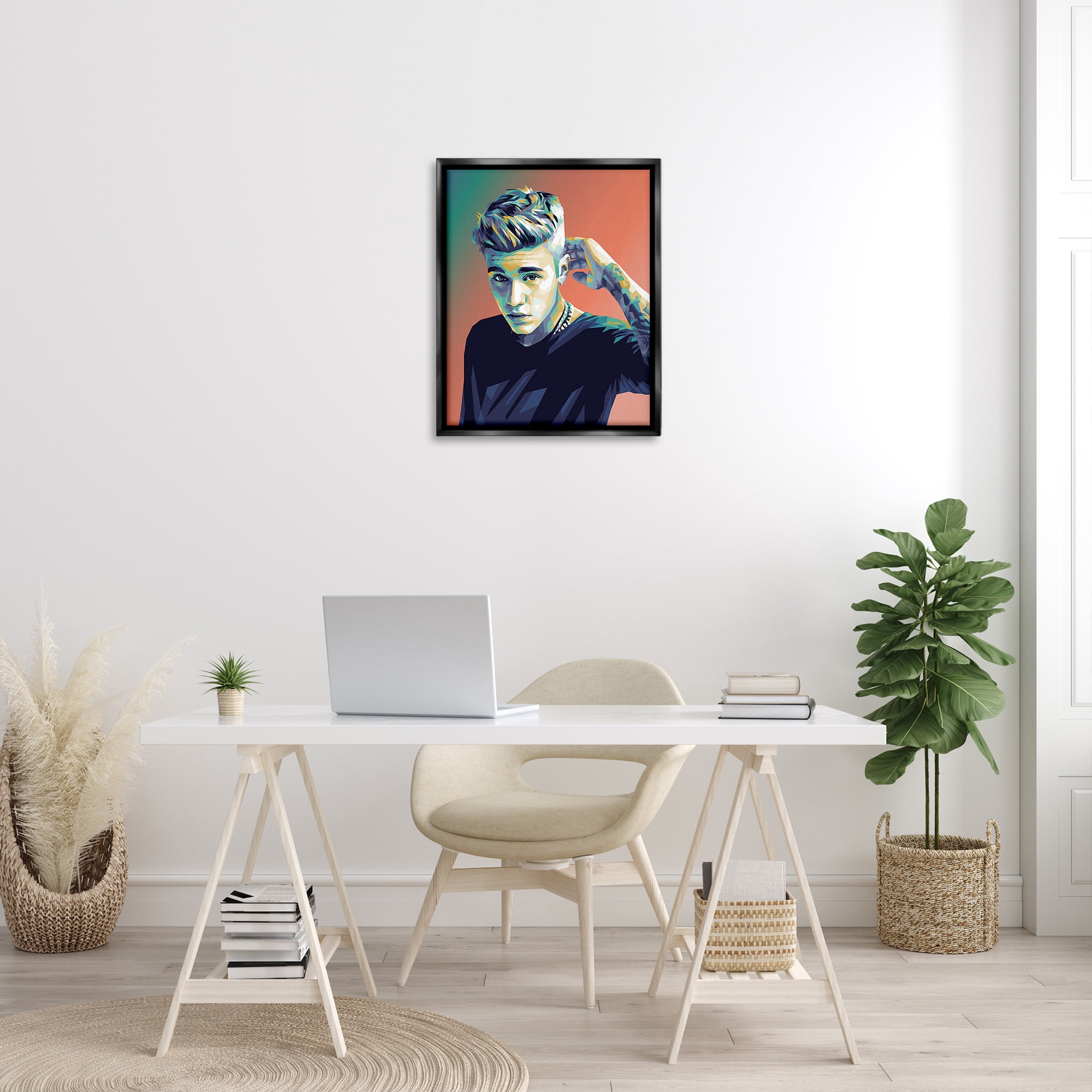 Stupell Industries Pop Culture Justin Portrait Abstract Painting Black Floater Framed Canvas Art Print Wall Art, 25 x 31