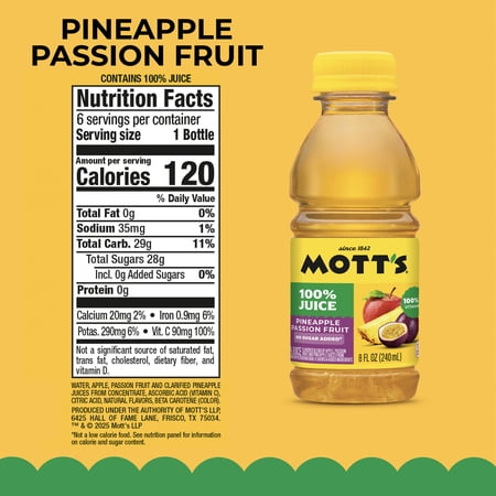 MOTT’S 100% PINEAPPLE PASSION FRUIT JUICE BLEND, 8 FL OZ, 6 COUNT BOTTLES