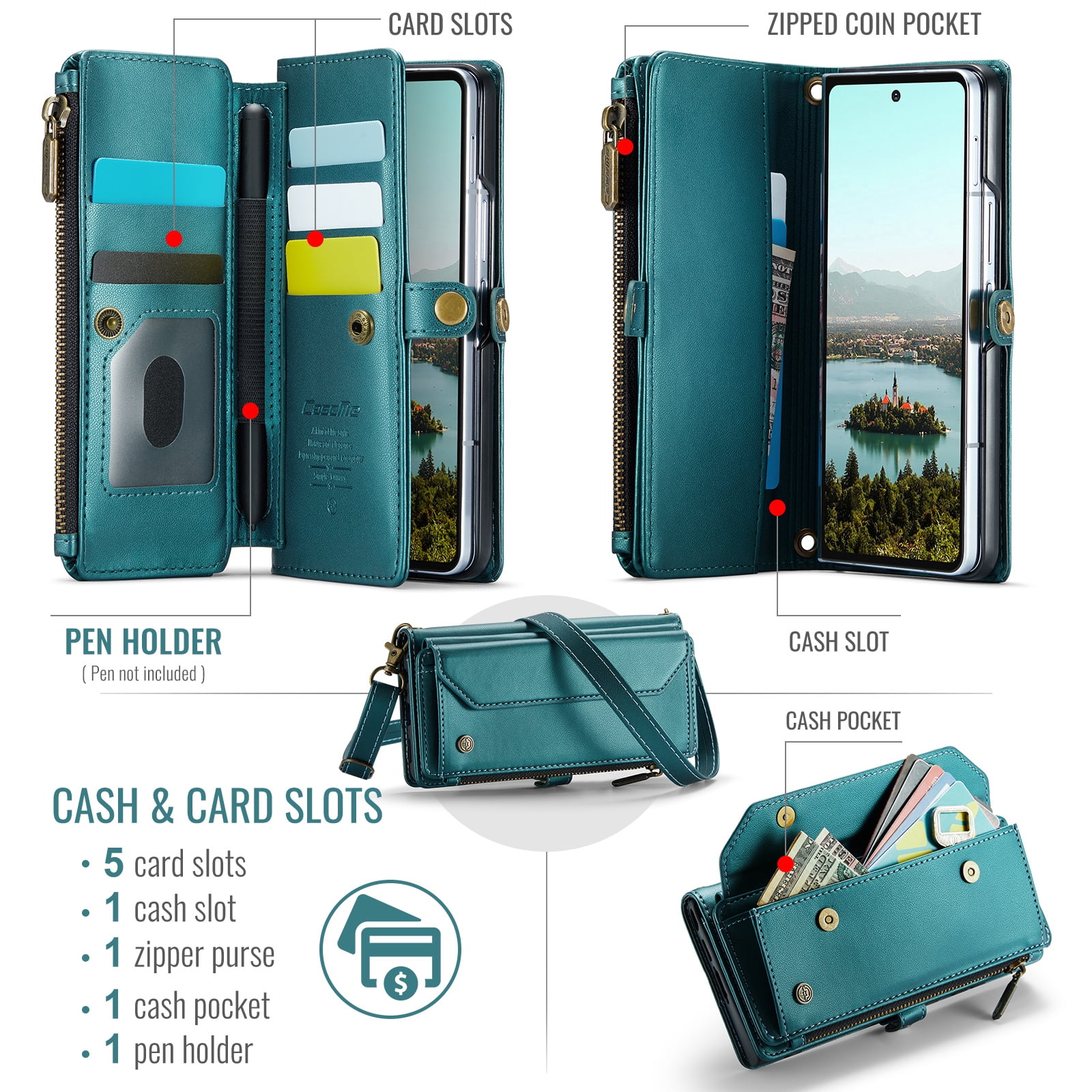 Asuwish Compatible with Samsung Galaxy Z Fold 7 5G 2025 Zipper Wallet Phone Case With pen slot Crossbody Lanyard Strap Flip Card Holder Slot Cell Cover for ZFold7 Z7 G Fold7 7Z Women Girls Green