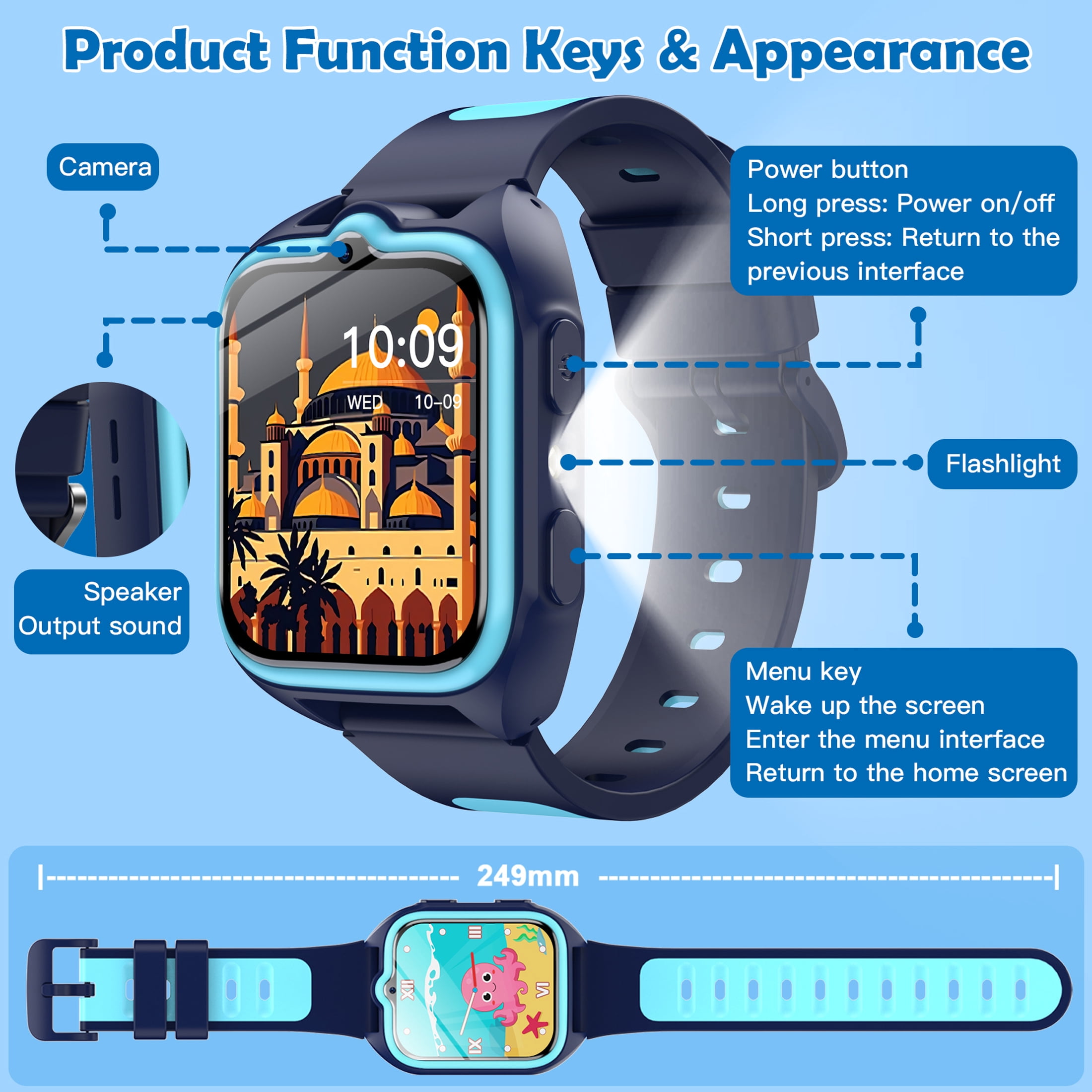 Blackview Kids Smart Watch for Boys Girls, 1.75" HD Touch Screen, 32 Educational Games, Music Player, Habit Tracker, Pedometer, IP68 Waterproof, Alarm Calculator, Gift Idea (Blue)