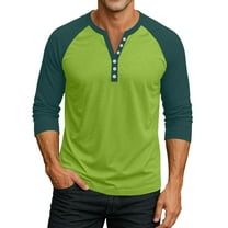 Domuza Mens Henley Shirts Trendy Raglan Three Quarter Sleeve Contrast Color Baseball T Shirts Fall Comfy Casual Slim Fit Button Down Pullover Green 3XL