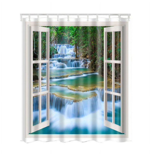 70 x 70 Inches HD Seascape Printed Polyester Shower Curtains with 12 C-Shape Plastic Hanging Hooks Beautiful Bath Decor