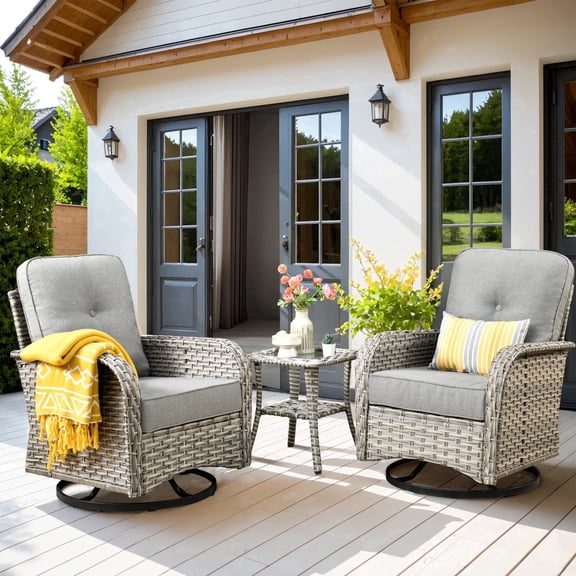 XIZZI 3-Piece Patio Furniture Set High Back Patio Conversation Chairs Set Outdoor Swivel Glider Rocker Chairs Wicker Outdoor Rocking Swivel Chairs with Side Table for Porch, Dark Gray