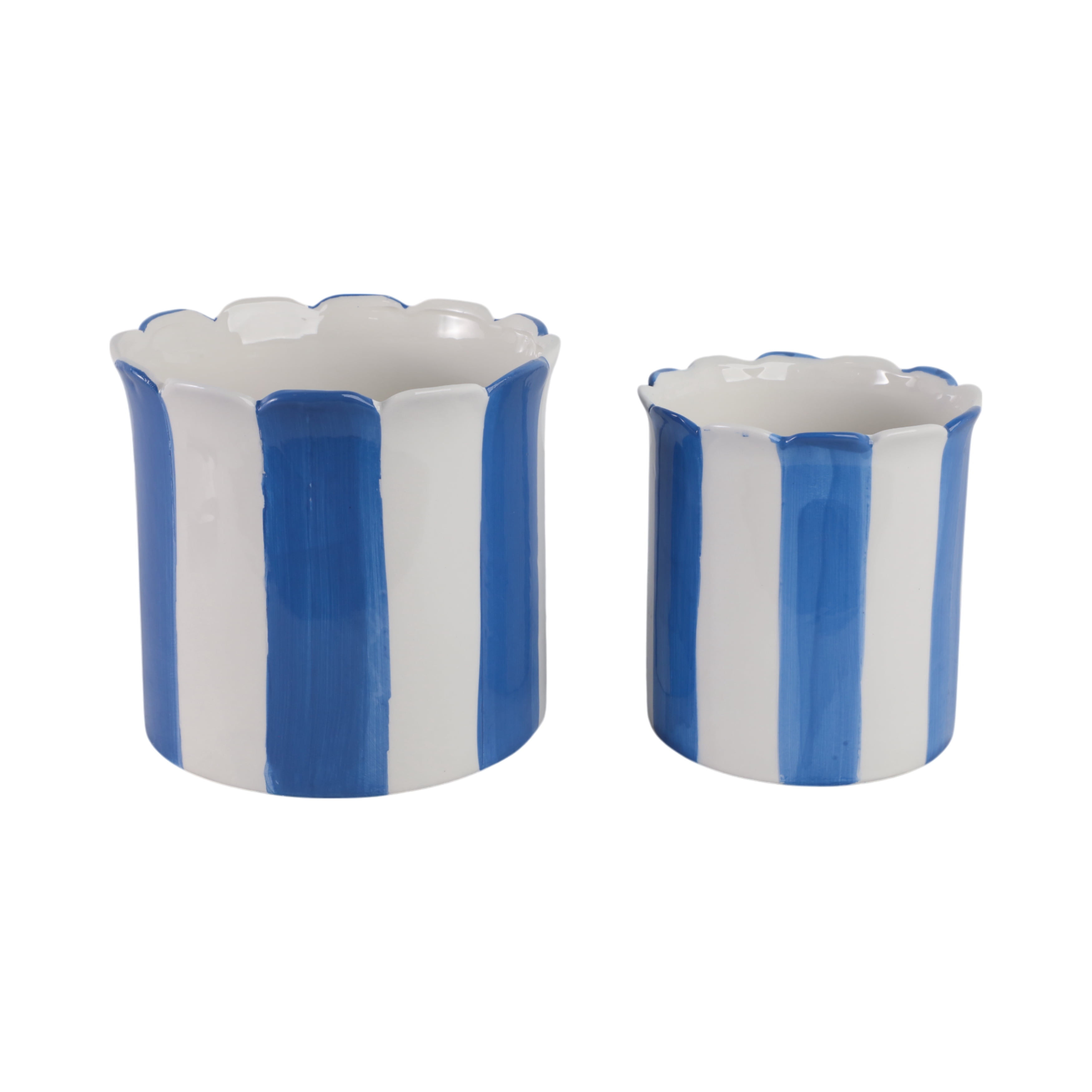 Ceramic Scalloped Striped Flower Pots for Home Decor - Decorative Planters for Indoor and Outdoor Plants - Plant Pots for Living Room and Garden Decor - Set of 2, 7", 6", Blue & White