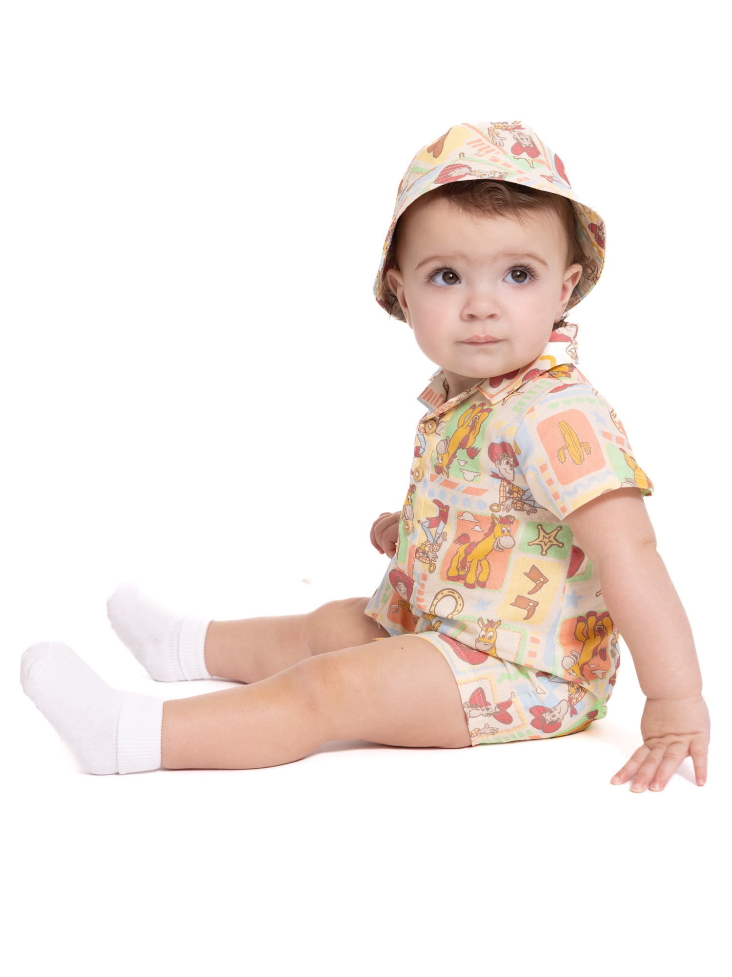 Toy Story Baby Boys' Print Cotton Romper and Bucket Hat Set, 2-Piece, Sizes 0/3M-24M