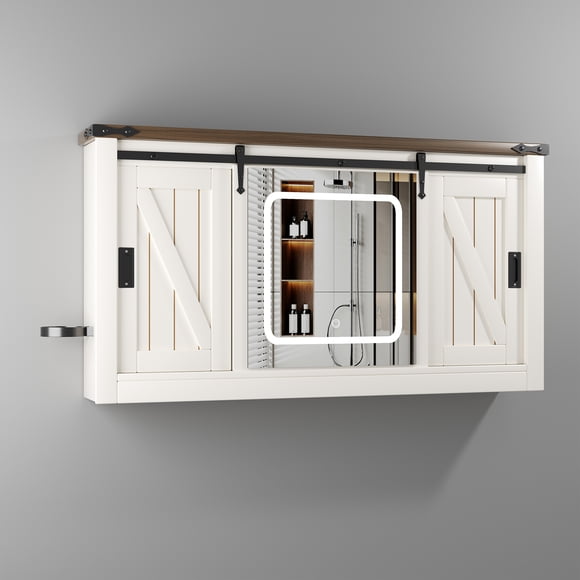 Gabinete Espejo de Baño Estilo Rústico Puertas Corredizas, LED 3 Tonos Antivaho, Porta Secador Certificado FCC/UL/CE Diseño Bicolor