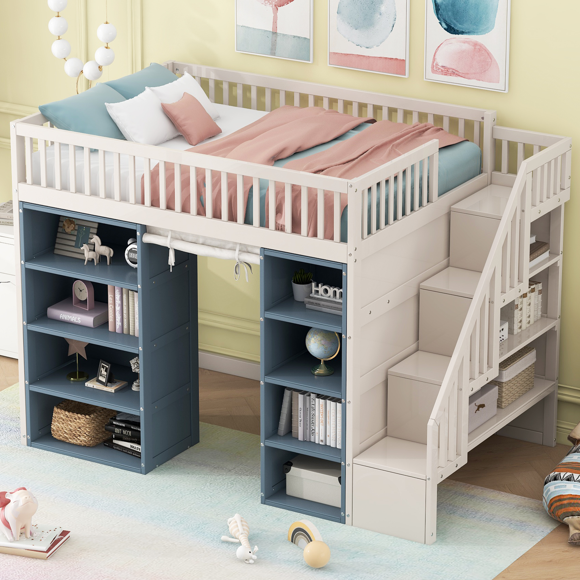 Euroco Wood Full Size Loft Bed with 2 Shelves and Storage Staircase, Curtain and Cabinetsfor Kids Teens