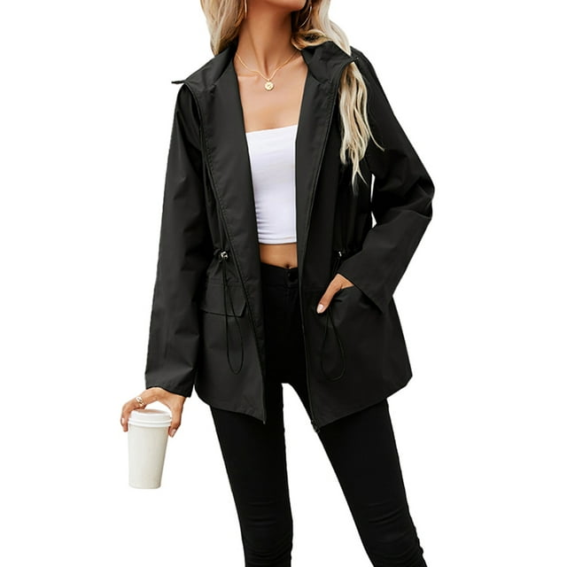 Veste à Capuche Zippée pour Femmes Manches Longues Imperméable Légère Veste Extérieure à Cordon Coupe-Vent