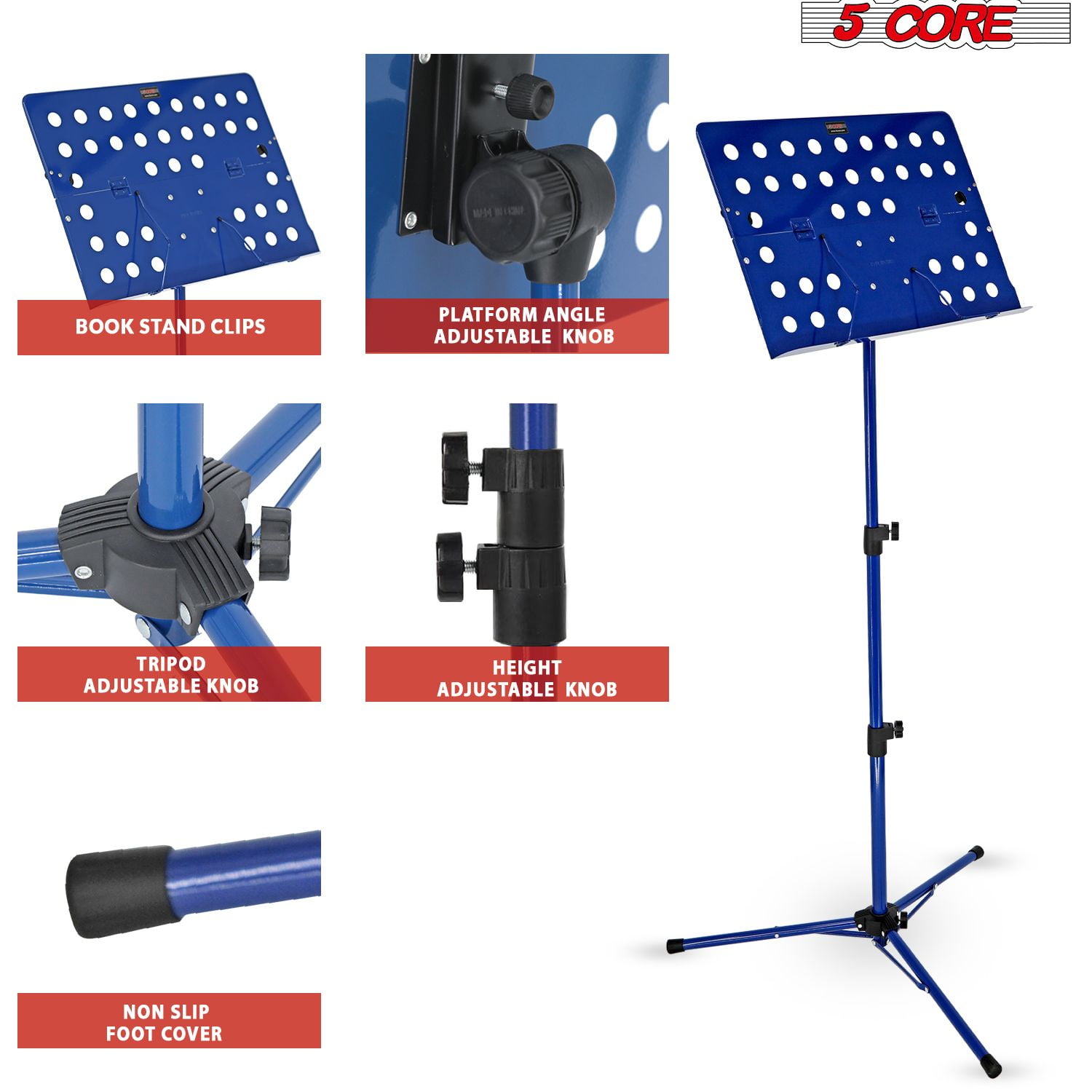 Music Stand For Sheet Music Height Adjustable Portable Folding Atril Para Partituras w Light Clip for Guitar Players Violinists Cellists Pianists - MUS FLD HD ACC BLU