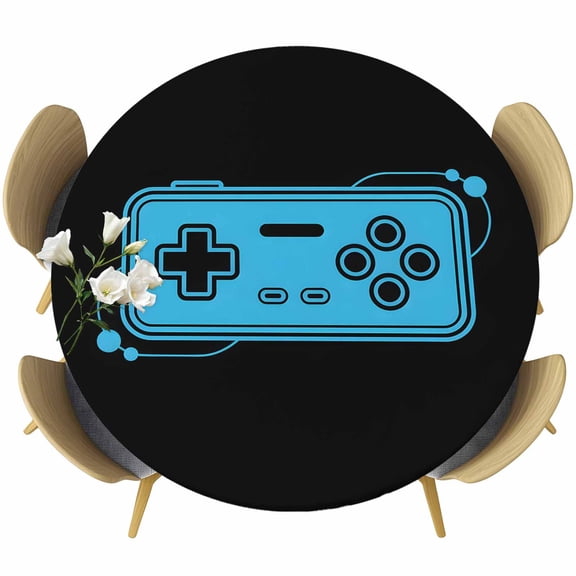 Blue Game Handle Round Tablecloth, Fitted Table Cover with Elastic for 36"-44" Round Tables, Video Gamer Console Earphones Black Table Cloth Outdoor Indoor Dinning Party Waterproof Tablecloths