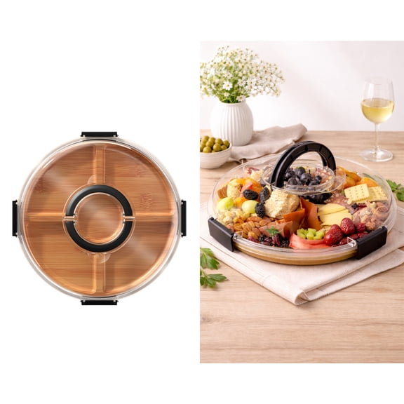 Charcuterie Board with Lid, Round Portable Charcuterie Board Travel Essentials for Picnic, 5 Compartment Cheese Meat Fruit Serving Tray Platter, Party Serving Board, Housewarming Gift Ideas