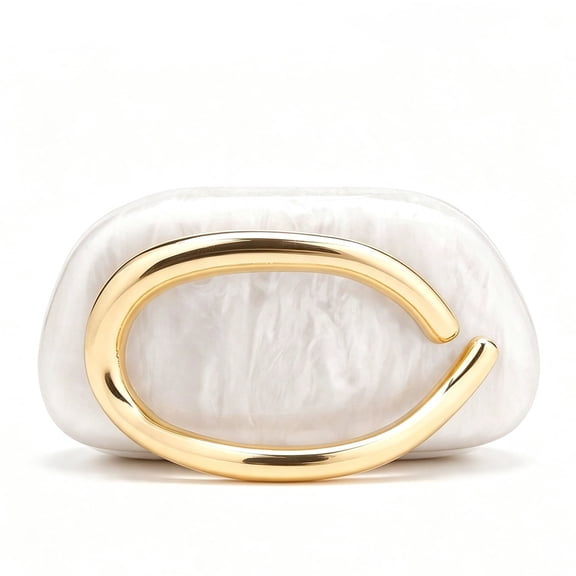 Women's White Clutch Purse with Gold Ring Handle Fashion Evening Handbag