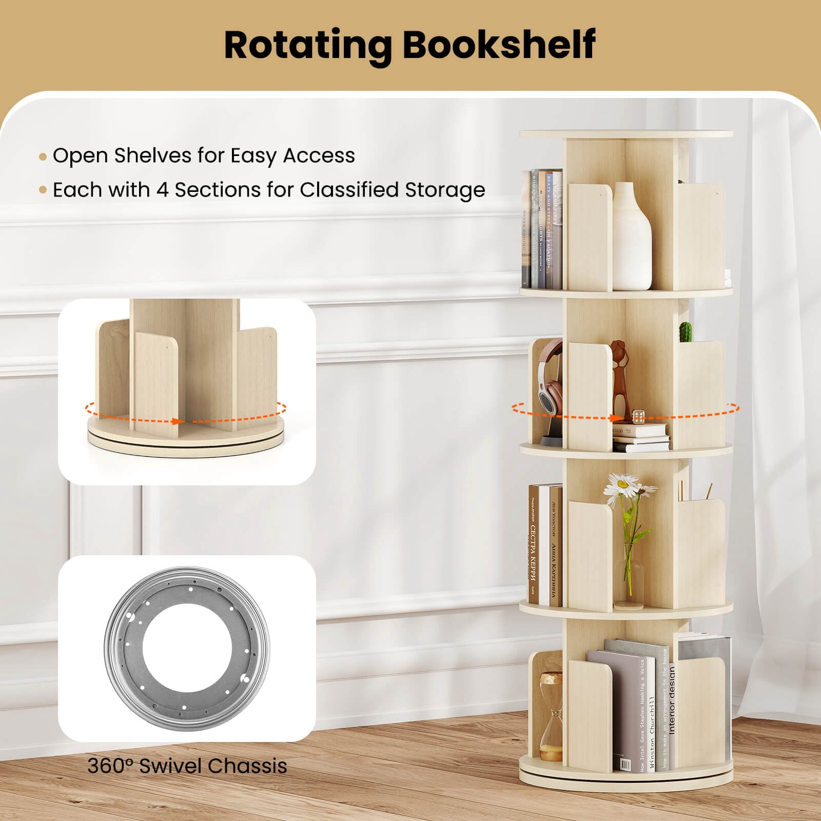 Costway 1 PCS 4-Tier Rotating Bookshelf 360° Display Rack with Dividers & Anti-falling Baffles Natural