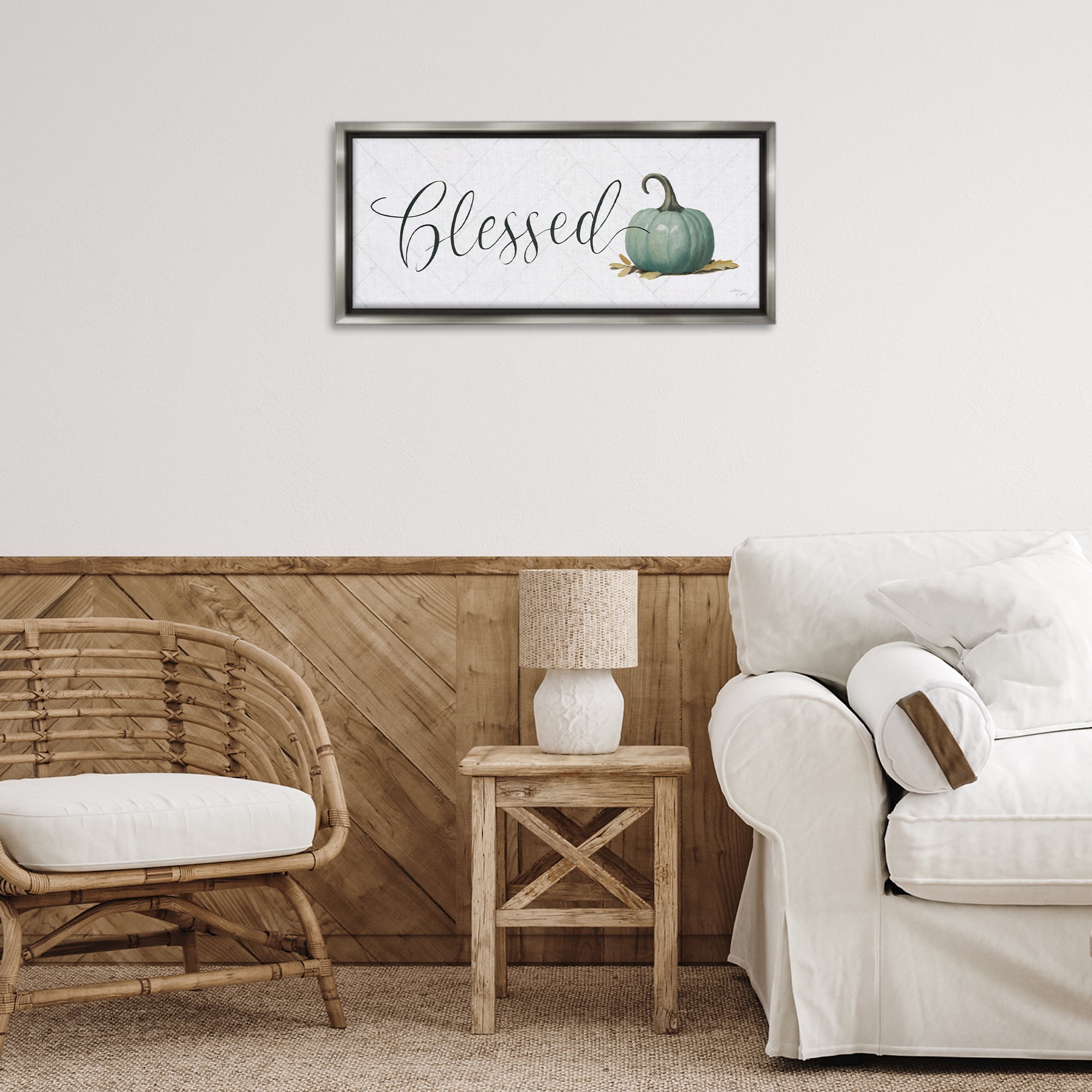 Stupell Industries Blessed with Pumpkin Typography Painting Gray Floater Framed Canvas Art Prints Wall Art, 25 x 11