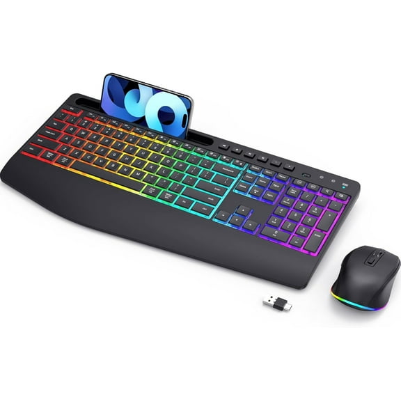 Dual System RGB Backlit Mouse and Keyboard,2.4G Rechargeable,Full-Sized Ergonomic Silent Design with Phone Holder