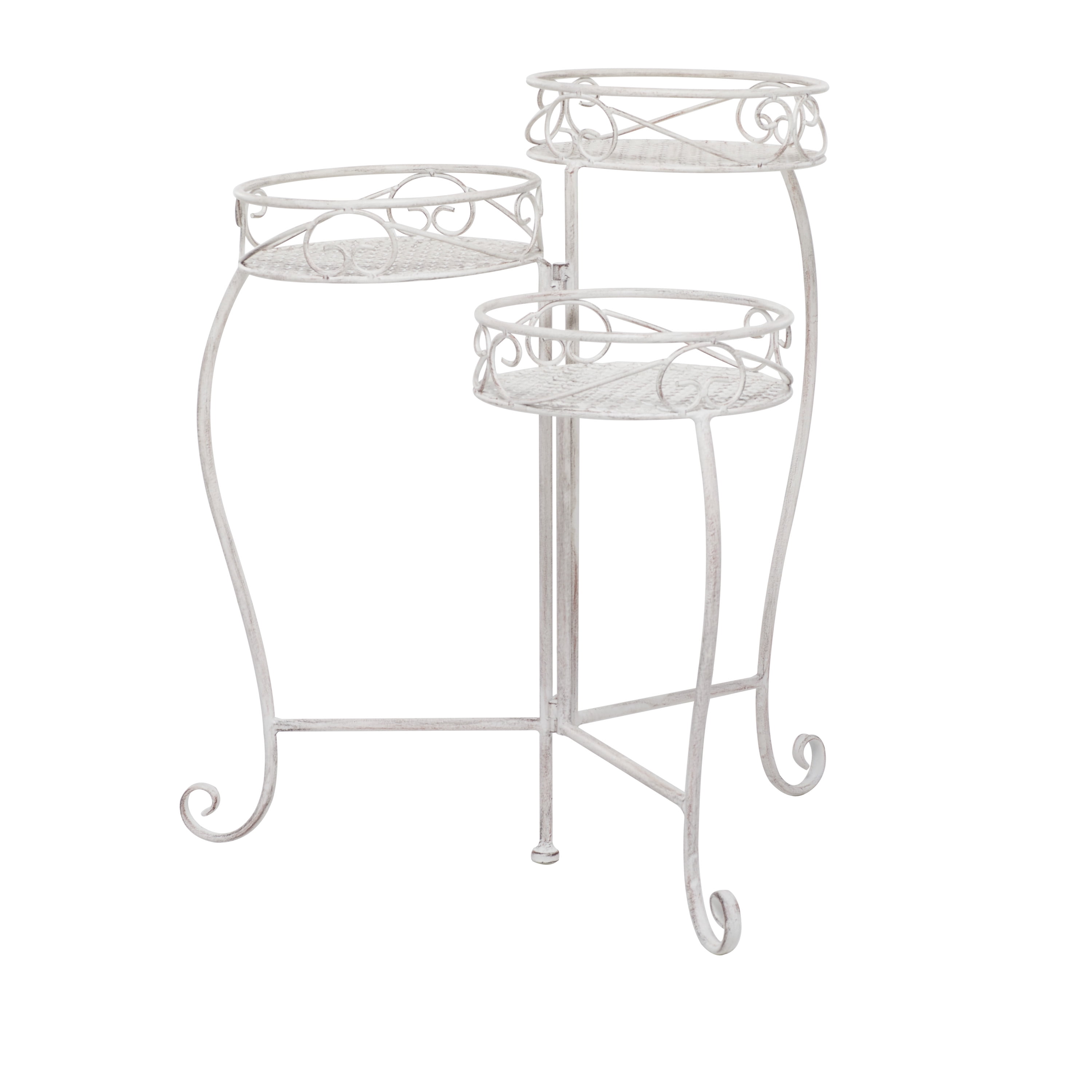 DecMode 21" x 19" x 23" 3 Tier White Metal Indoor Outdoor Scroll Plantstand