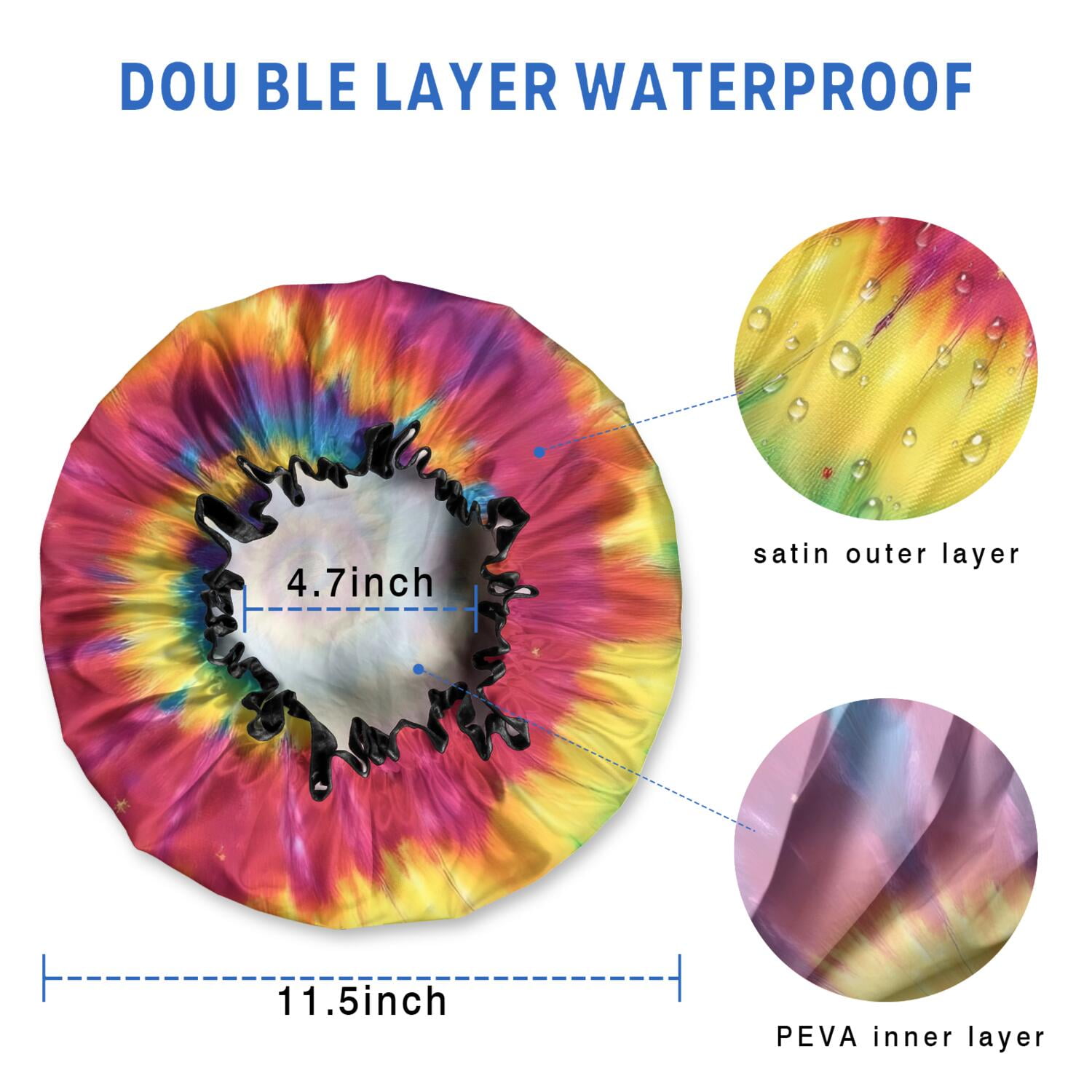 Shower Caps,Colorful Rainbow Tie Dye Spiral Pattern Waterproof Shower Cap for Women 4 Pieces,Double Reusable Hair Cover for Shower PEVA Elastic Stretch Hem