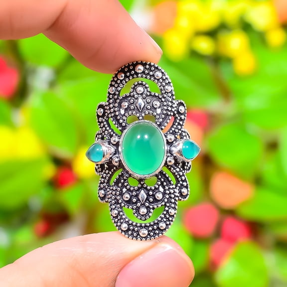 Natural Green Onyx Gemstone Handmade 925 Sterling Silver Ring Size 7