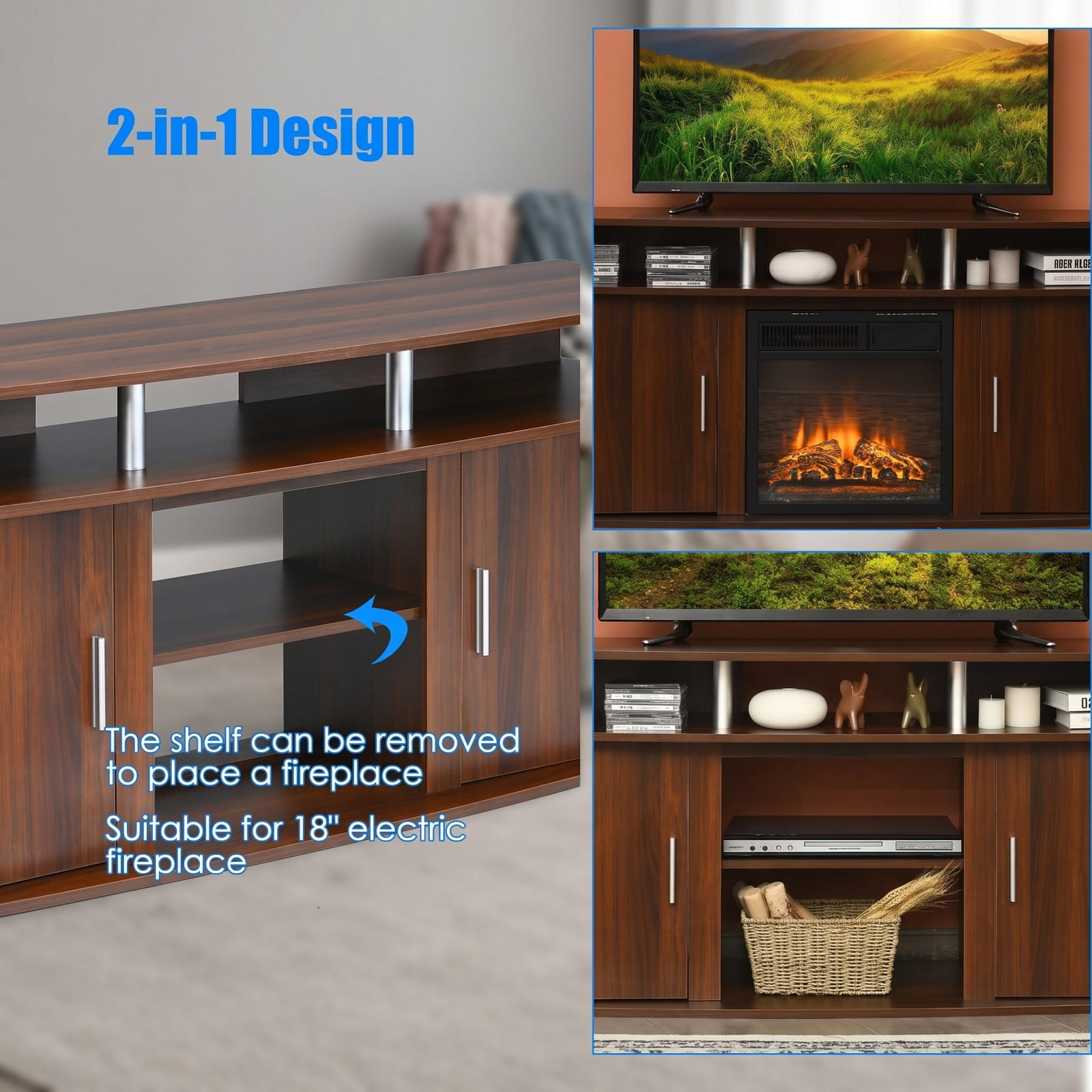 Furnibear 63 Inch TV Stand Entertainment Center for TVs up to 70 Inch, Modern Media Console with 2 Storage Cabinets and Open Shelves, Fireplace-Ready Wood TV, Walnut