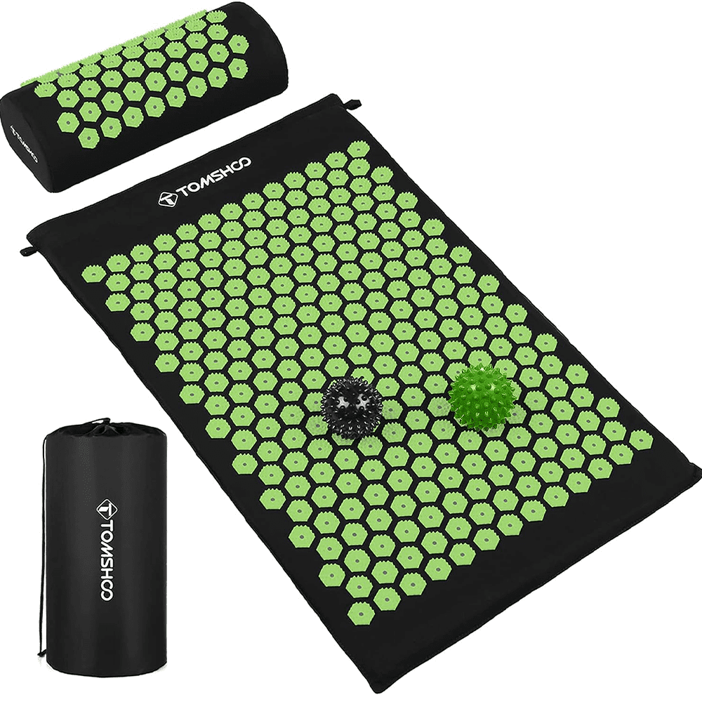 TOMSHOO Acupressure Mat and Pillow Set with 2pcs Massage Balls for Back / Neck Pain Relief and Muscle Relaxation 27'' x 17''(Black)