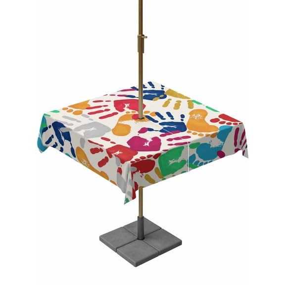 Outdoor Tablecloths with Umbrella Hole & Zipper, Colorful Handprints 54x54 Inch Square Tablecloths, Rainbow Abstract Hand Foot Prints Waterproof Table Cloth, Patio/Pool/Picnic Table Covers