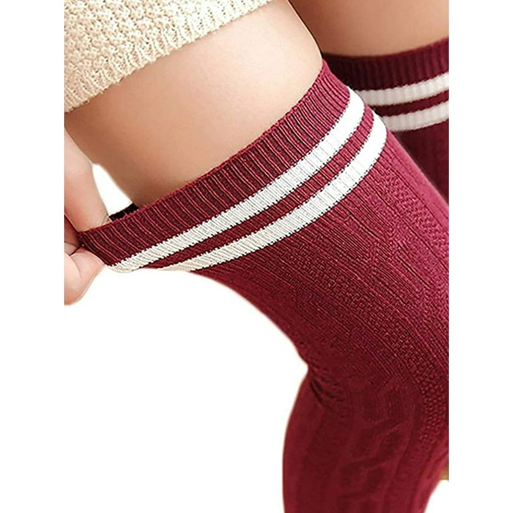 Musuos New Women Knit Cotton Over The Knee Long Socks Striped Thigh 