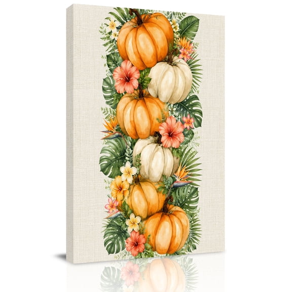 Canvas Wall Art, Fall Pumpkin Framed Canvas Prints for Living Room Office, Thanksgiving Maple Leaves Monstera Florals Large Gallery Wrapped Wall Decor for Home Office, Gifts, 16"x24" Ship Next Day