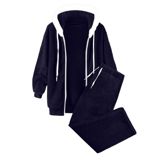 Zhanying Ensemble 2 Pcs pour Femmes Veste à Capuche Doublée en Sherpa avec Poches Marine TTTG