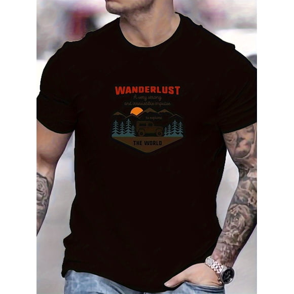 Men's Vintage Graphic Print T Shirt 100% Cotton Slim Fit Streetwear Tee with Wanderlust Mountain Design