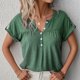 thumbnail image 2 of Blusa de manga corta con botones y cuello en V, diseño plisado, color puro, informal, para mujer, Top de verano para oficina, compras diarias, verde, XXL, 2 of 6