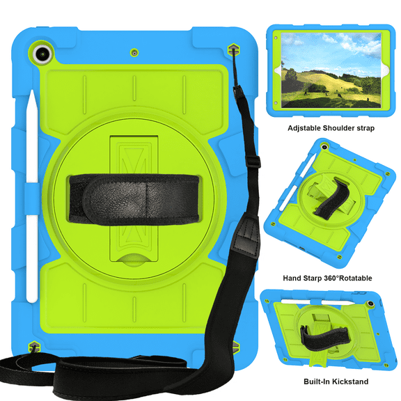 TECH CIRCLE Case for Apple 10.2-inch iPad 9th/8th/7th Generation - Heavy Duty Protection Shockproof Rugged Case with Adjustable Hand/Shoulder Strap & 360 Gegree Rotating Viewing Kickstand, Blue Green