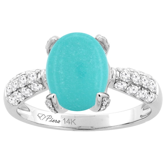 14K White Gold Natural Turquoise Engagement Ring Oval 16x12 mm & Diamond Accents, size 7