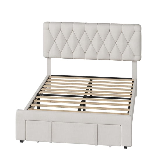 Upholstered Platform Bed Frame with 4 Storage Drawers, Tufted Diamond Headboard, Wood Slat Support, No Box Spring Needed, Easy Assembly, White (Twin Size)