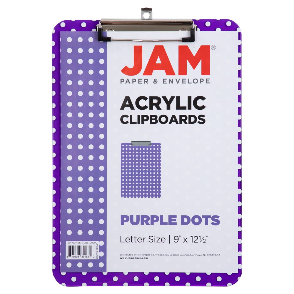 JAM Paper Plastic Clipboard, 9 x 12.5, Purple Polka Dot, 1/Pack