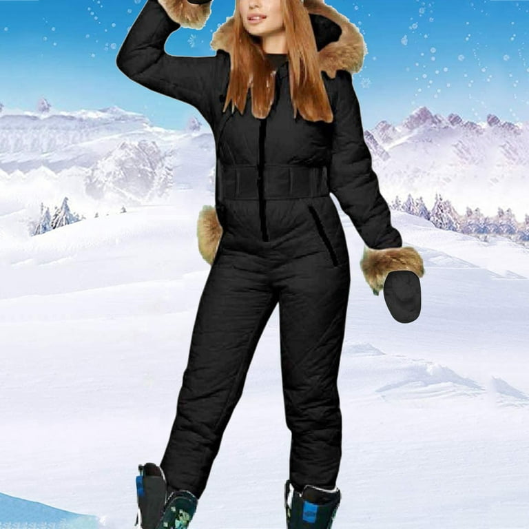 HSMQHJWE Women'S Black Parka Womens Winter Clothes Women Winter Ski  Jumpsuit Outdoor Sports Snowsuit Wool Collar Coat Jumpsuit With Hoodies Ski