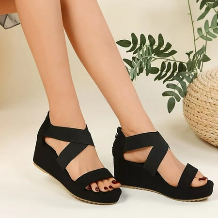 

Sandals Ladies Fashion Summer Solid Color Suede Open Toe Cross Elastic Wedge Sandals