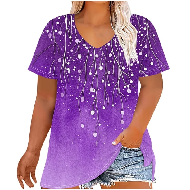 Camisetas Casuales de las Mujeres Más Tamaño V-Cuello Impresión Manga Corta Color Sólido Base de Verano Superior, Ligero para Diario