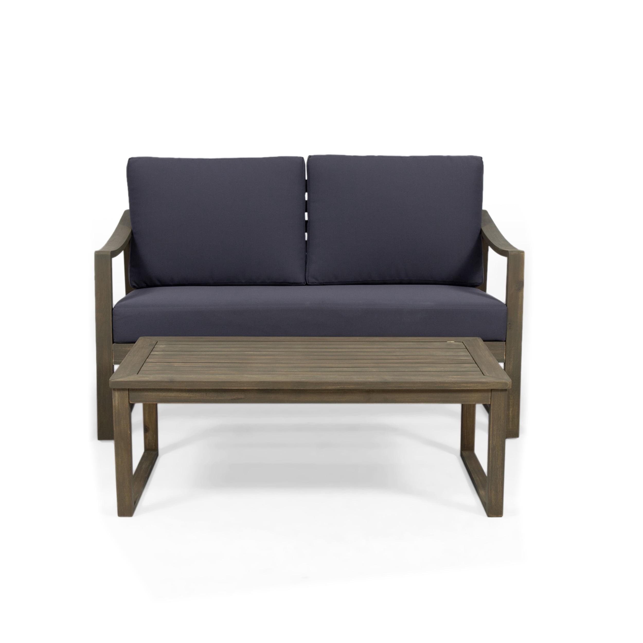 Outdoor Coffee Table and Double Sofa Combination Set, Acacia Wood Frame Leisure Furniture for Patio Garden, Gray and Dark Gray
