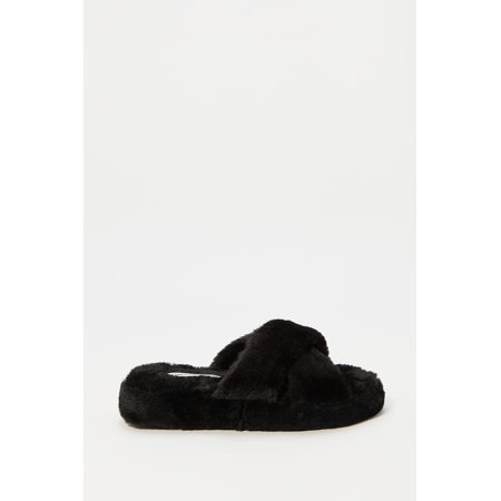 fur criss cross slippers