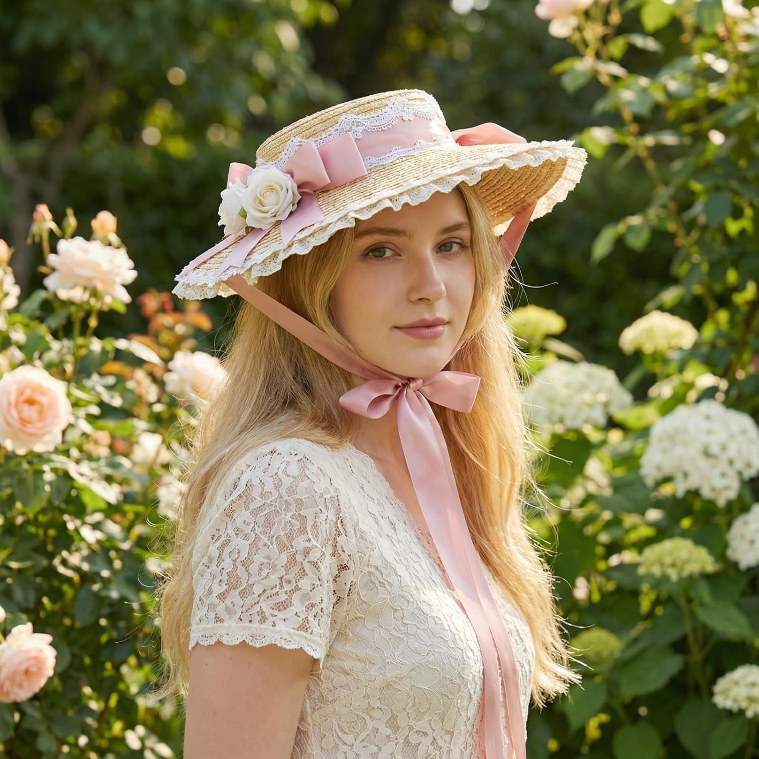 Kukuzhu Women Victorian Tea Party Sun Hat, Lolita Bows Flower Ribbon Flat Straw Hat Summer Beach Bonnet Cap for Travel