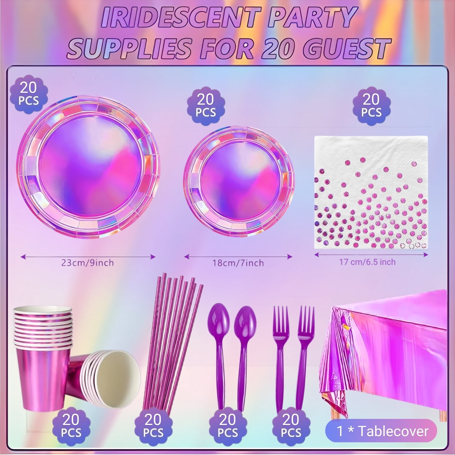 141 Iridescent Pink Party Supplies Decorations, Hot Pink Holographic Paper Plates and Napkins Set, Disposable Tableware Set for Mermaid Disco Birthday Girls Party
