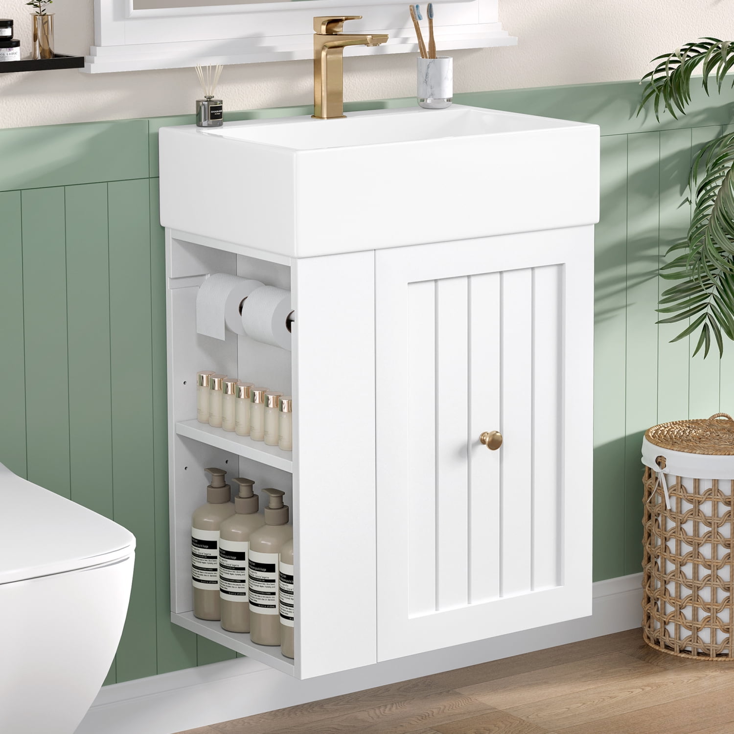 20" Bathroom Vanity with Ceramic Sink, Freestanding Bathroom Vanity with  Drawer and Side Open Shelf,  Bathroom Cabinet for Small Bathrooms, White