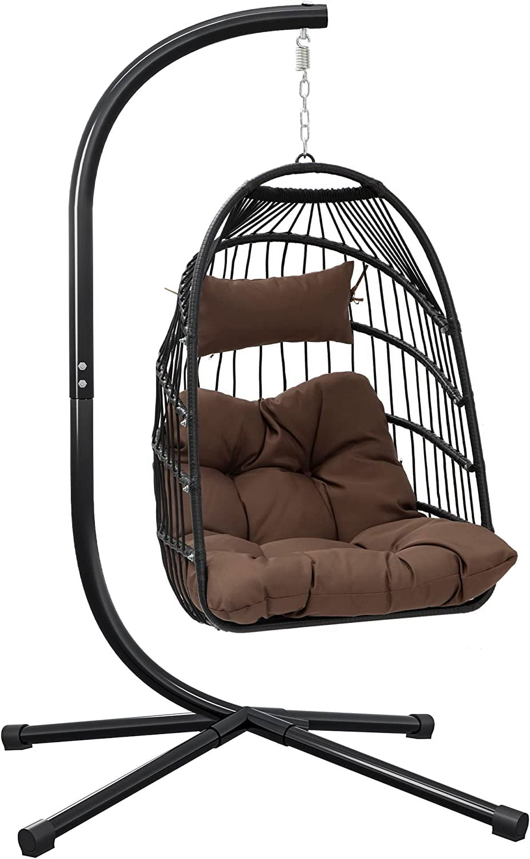Dextrus Hanging Egg Swing Chair Outdoor Wicker Hammock Chairs Indoor with Steel Stand UV Resistant Cushion 350lbs for Patio, Bedroom, Garden and Balcony, Brown